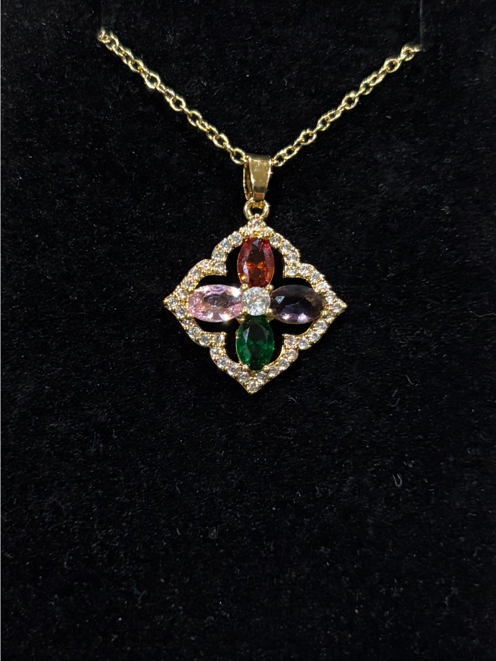 Gold Multicolor Gemstone Clover CZ Pendant Necklace - Women Jewelry